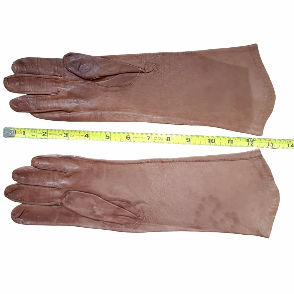 Vintage Opera Gloves Lot 2 Leather Brown Sz 6.5 & Crescendoe‎ Nylon 7.5